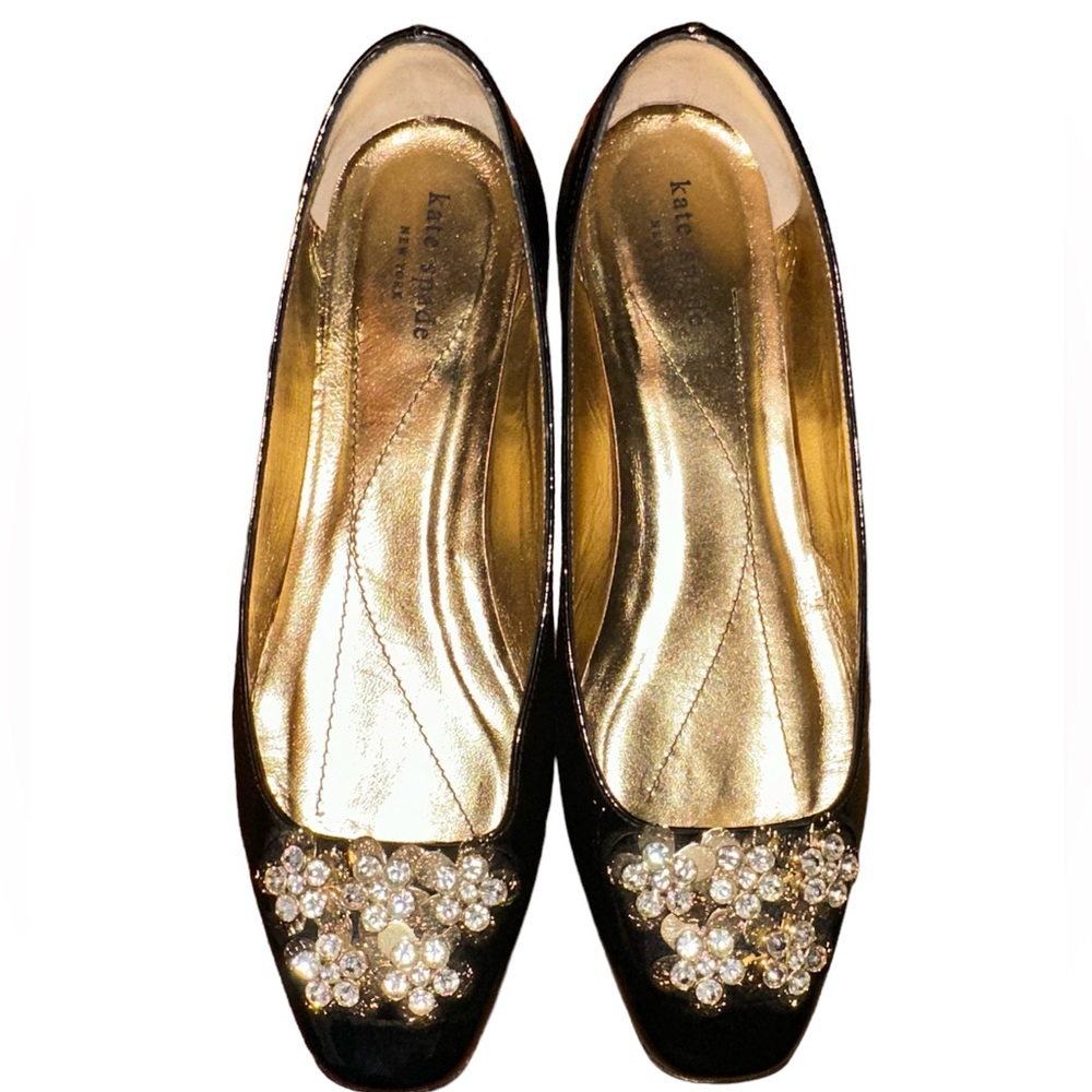 Kate Spade Nicolina Jeweled Flower Black Patent Slip On Flats Shoes 10M Italy